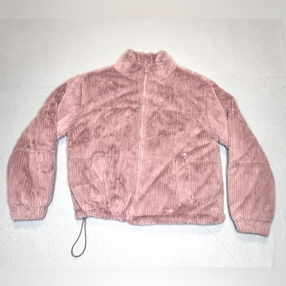 KHAKI & Blue Furry Fleece Pink Bomber Jacket Large Corderoy - Chenille Feel